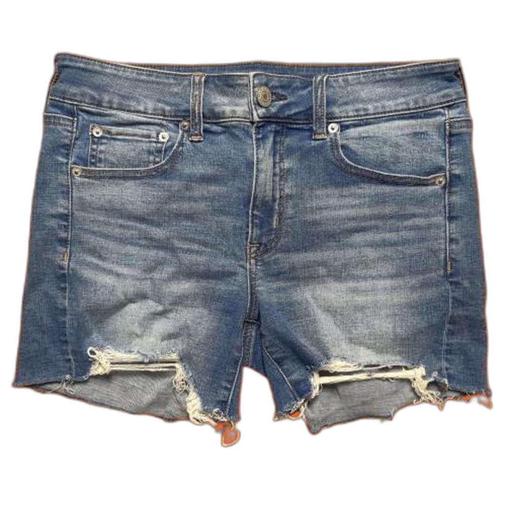 American Eagle Midi Shorts Womens 8 Blue Denim Super Stretch Distressed Cut Off